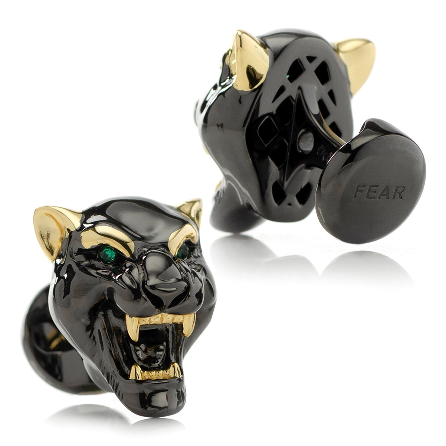 Black panther head cufflinks with gold accents on a white background