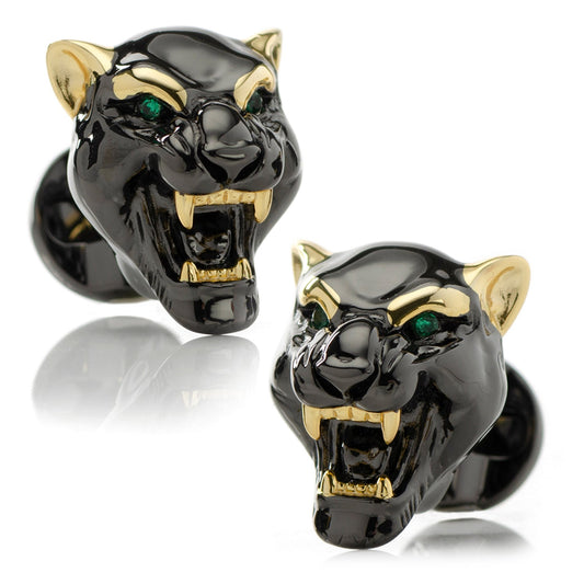Black panther head cufflinks with gold accents on a white background