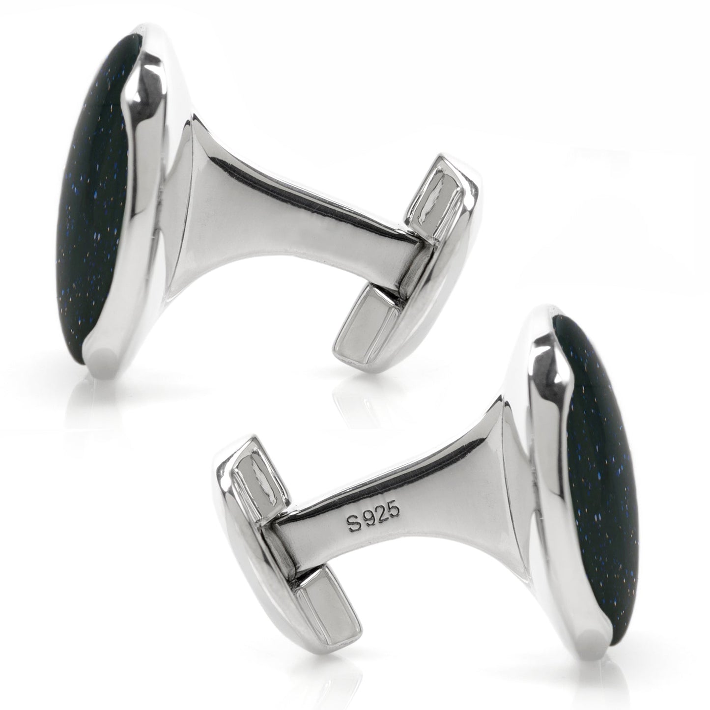 Silver cufflinks with black stone inlays on a white background