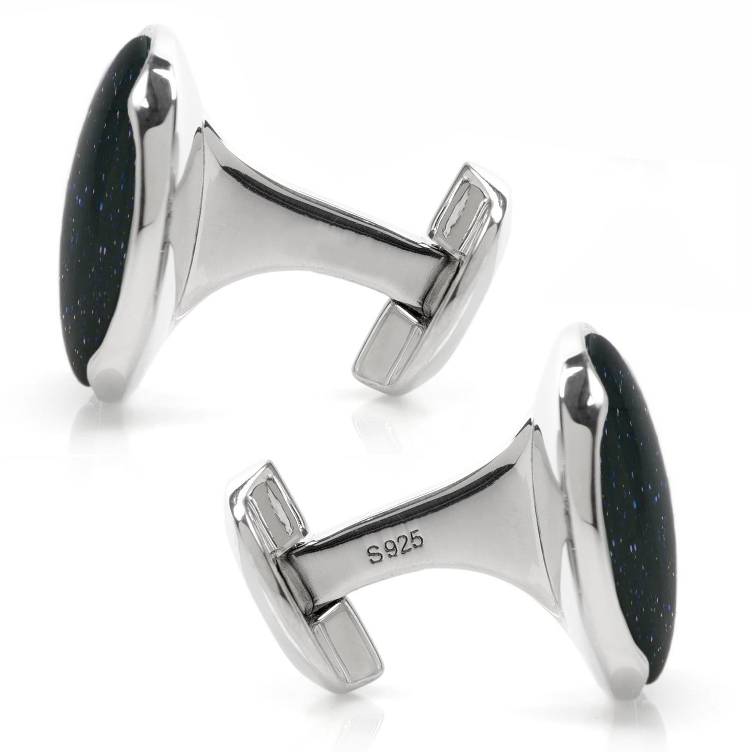 Silver cufflinks with black stone inlays on a white background