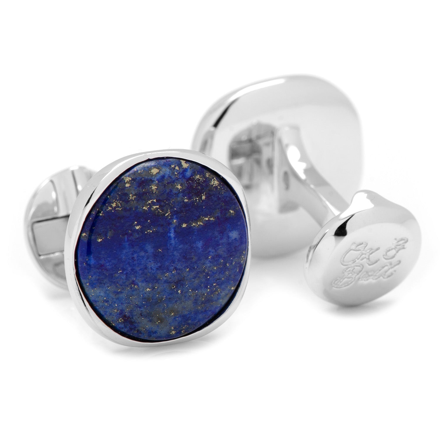 Cufflinks with a blue stone and silver finish on a white background