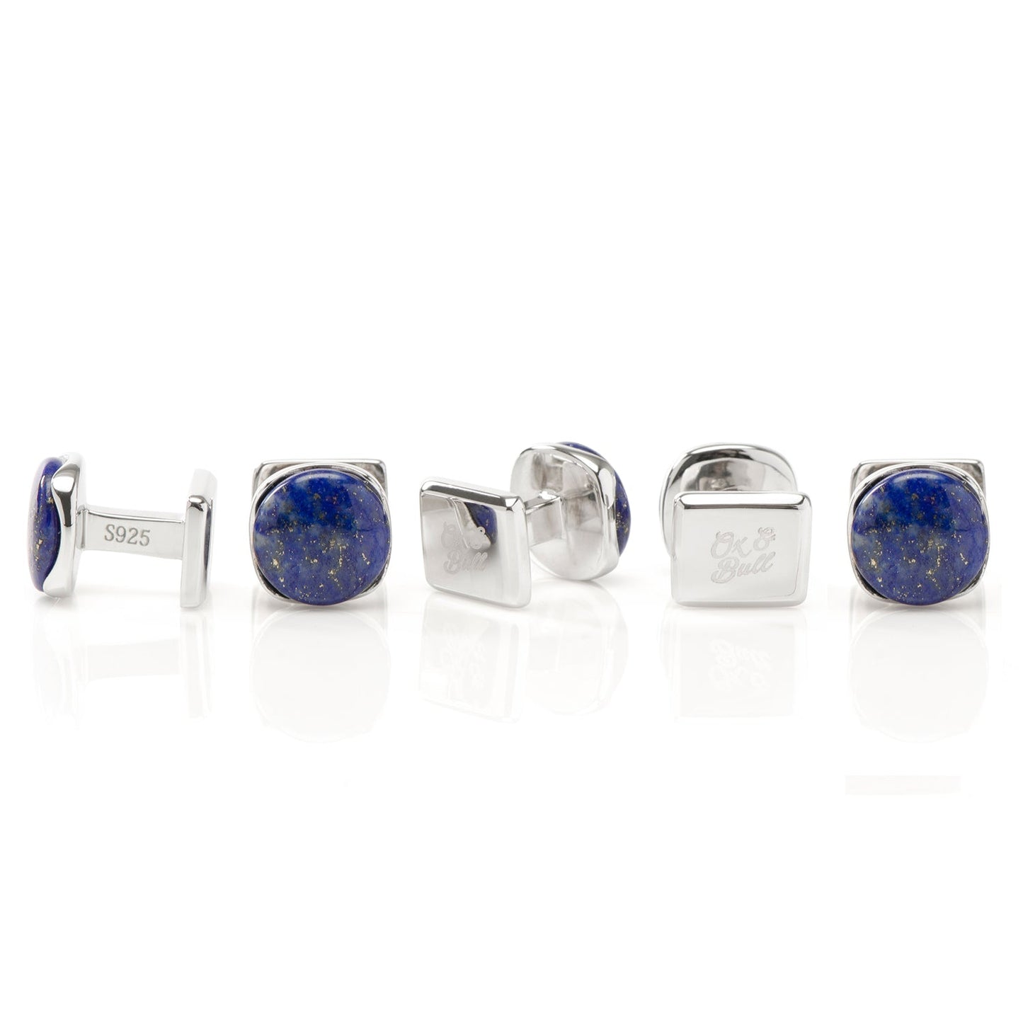 Set of silver cufflinks with blue stone inlays on a white background