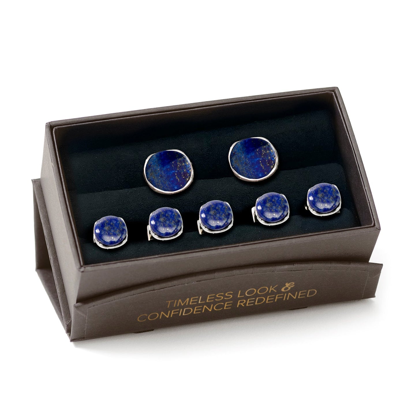 Set of blue gemstone cufflinks in a branded box on a white background