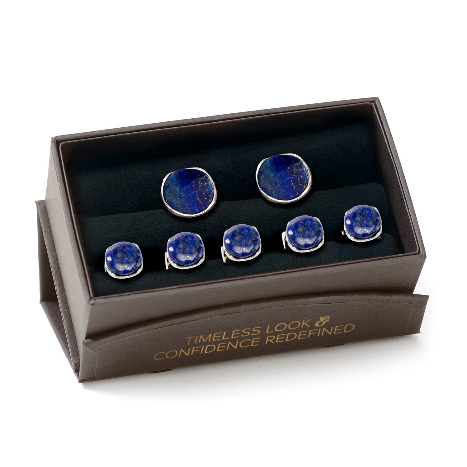 Set of blue gemstone cufflinks in a branded box on a white background