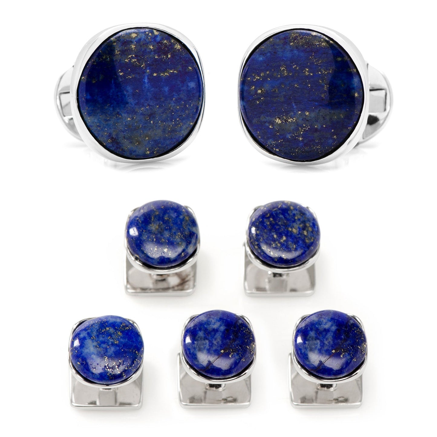 Set of lapis lazuli cufflinks and tie pins on a white background