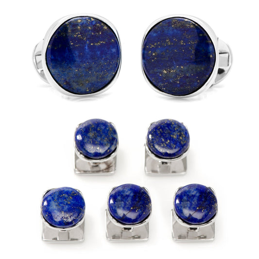 Set of lapis lazuli cufflinks and tie pins on a white background
