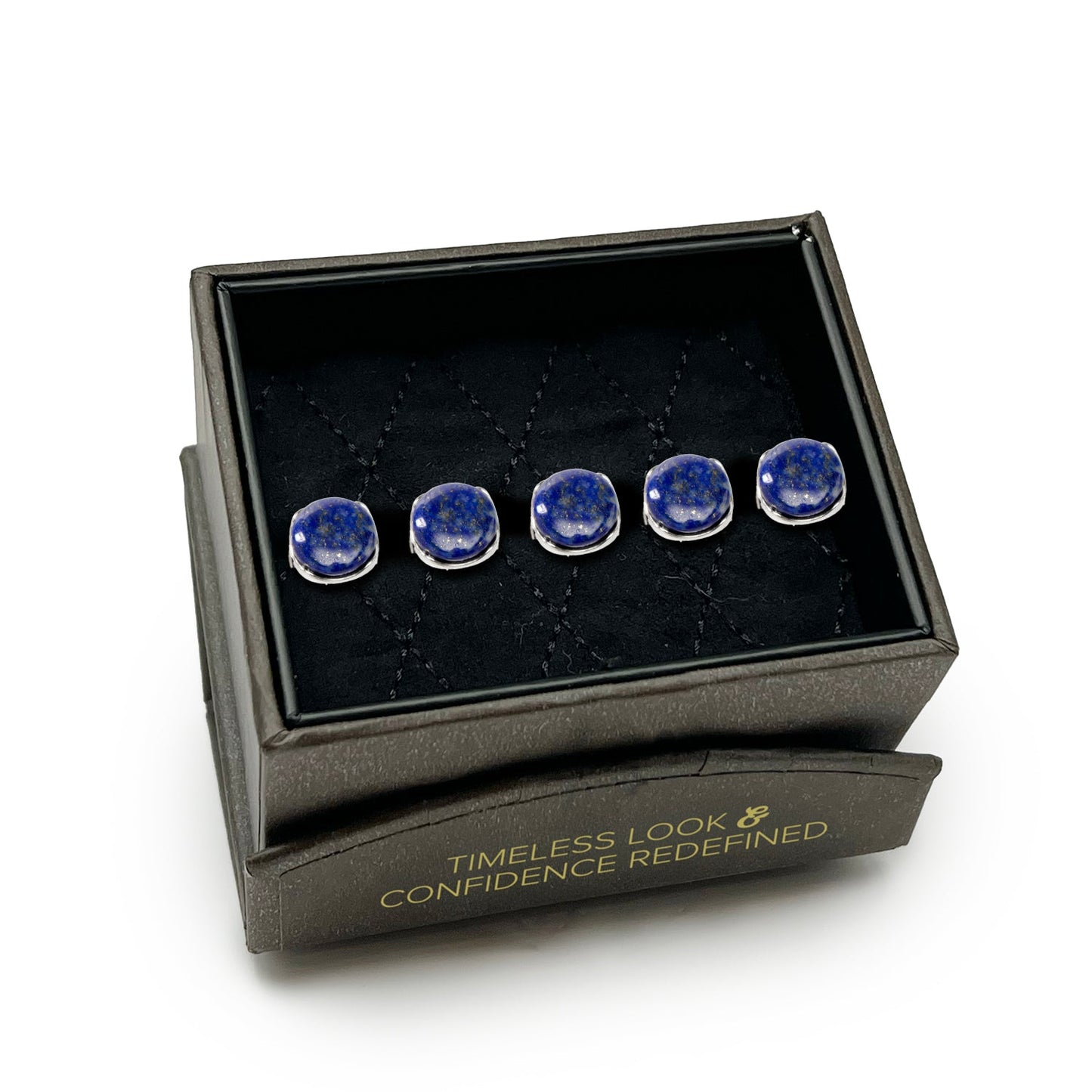 Set of blue gemstone cufflinks in a black box with text on a white background