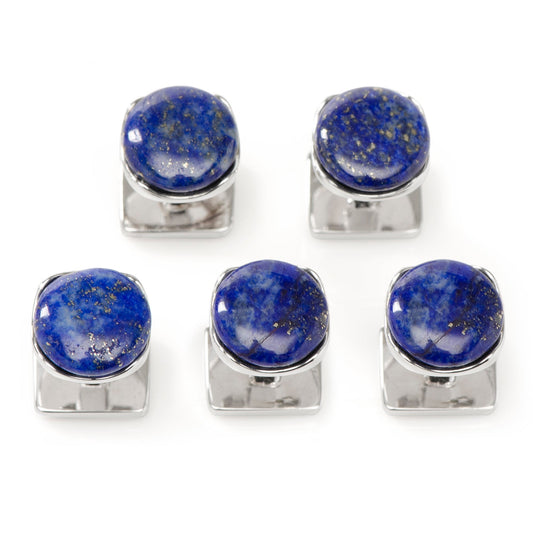 Set of six silver cufflinks with blue stone centers on a white background