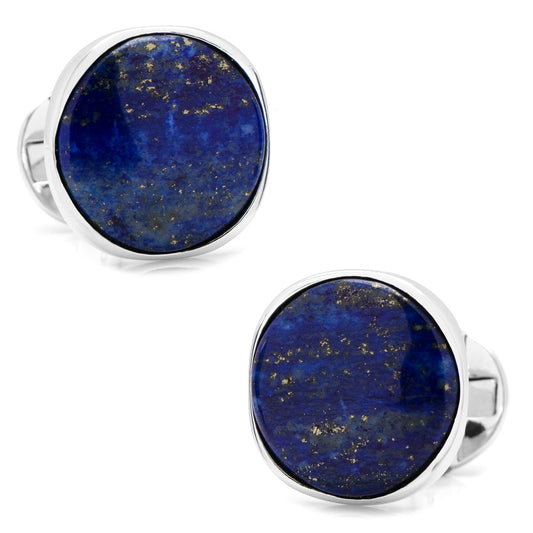 Pair of cufflinks with blue stone and silver metal on a white background