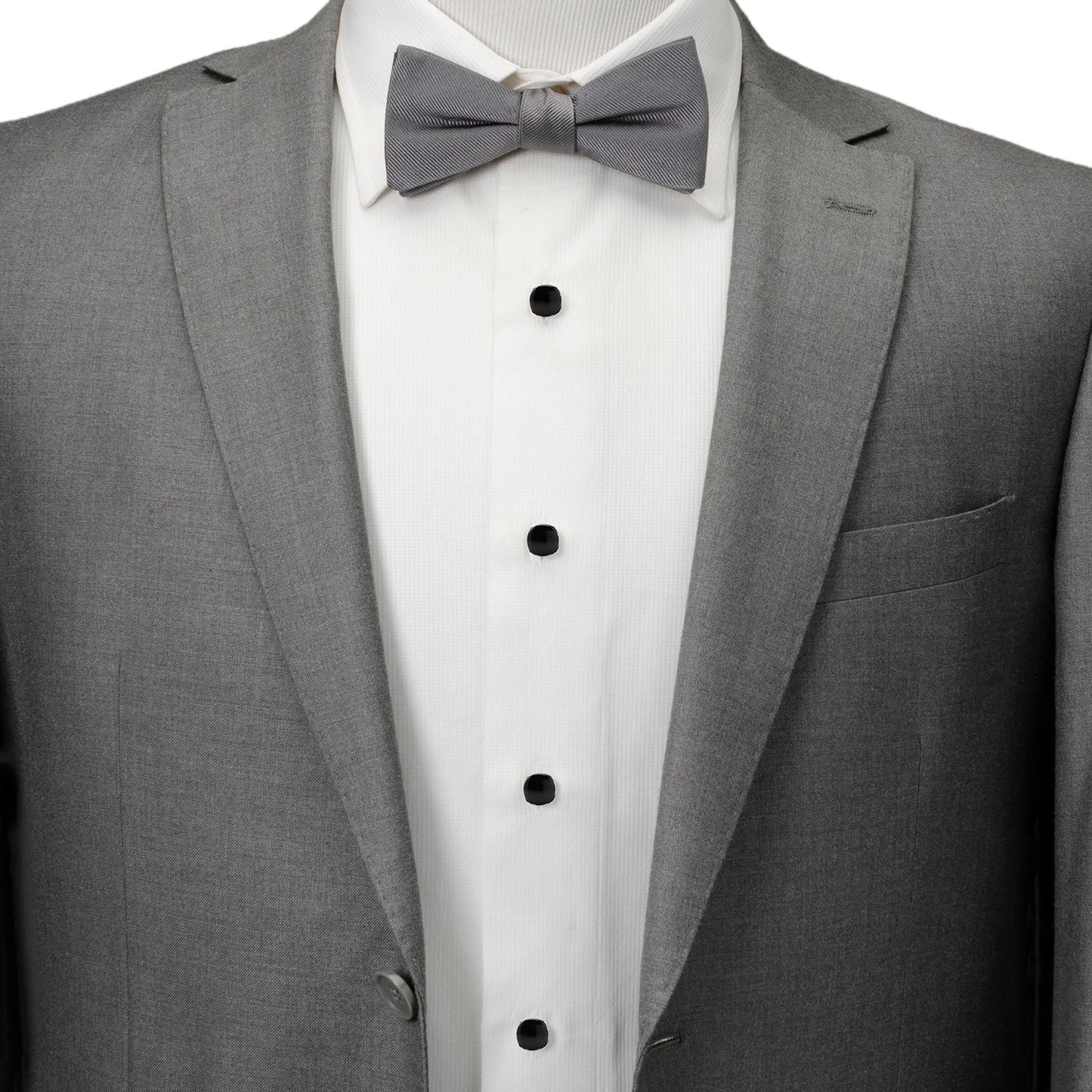 Gray tuxedo with a white dress shirt and gray bow tie on a white background