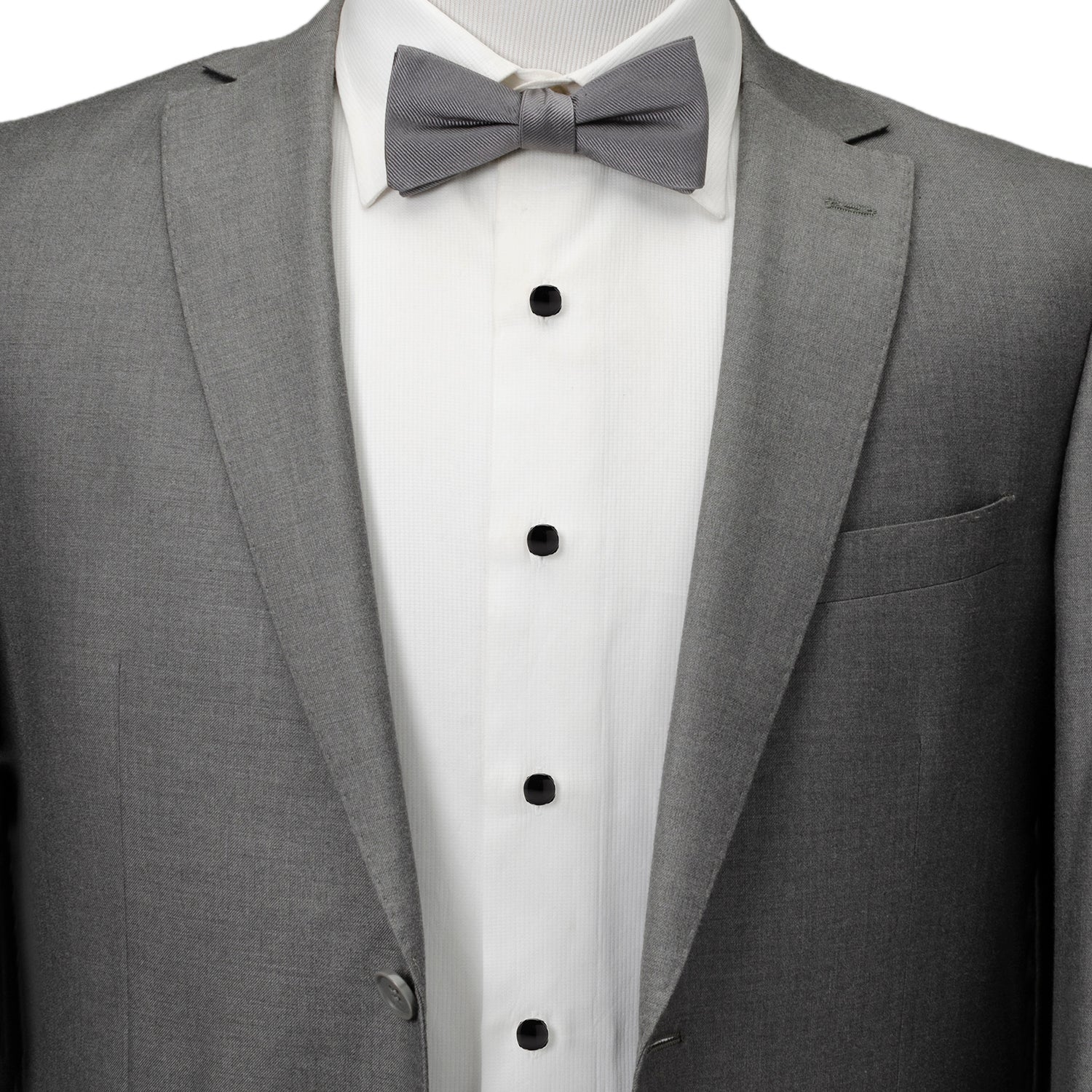 Gray tuxedo with a white dress shirt and gray bow tie on a white background