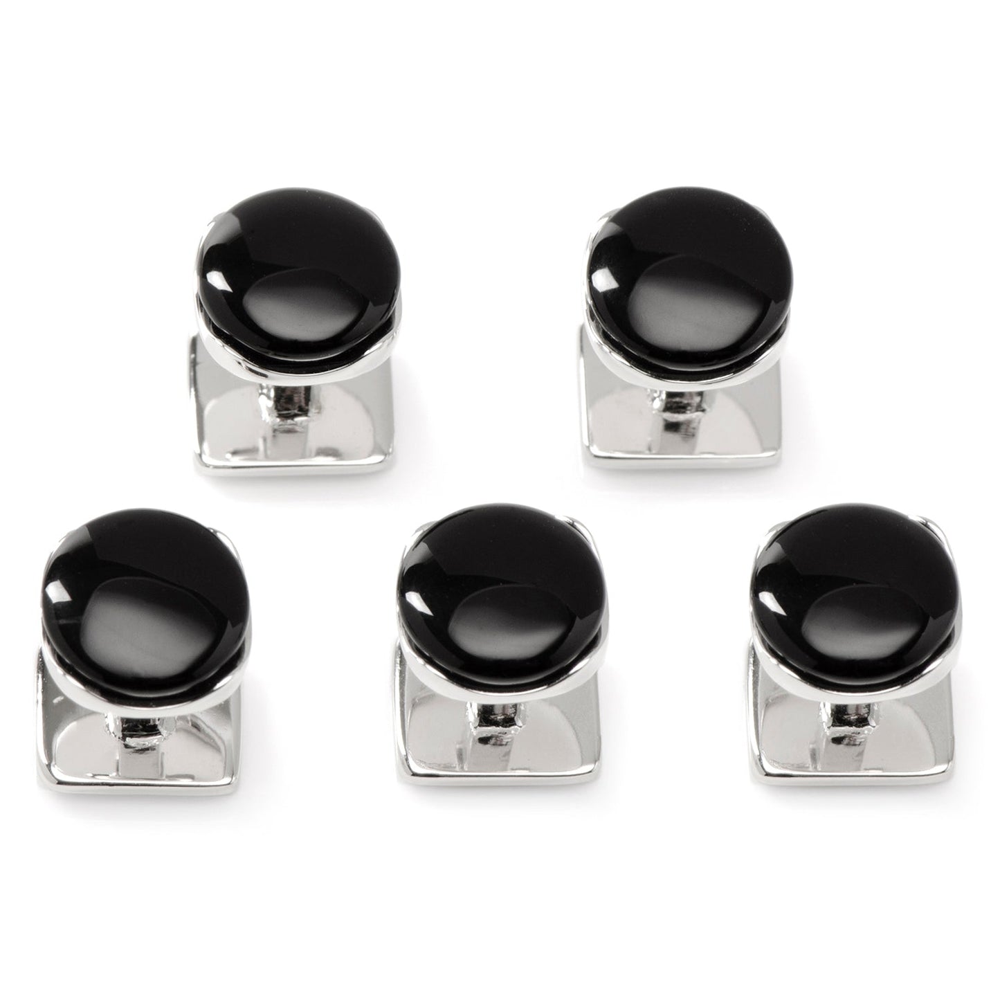 Set of five black and silver cube-shaped objects on a white background