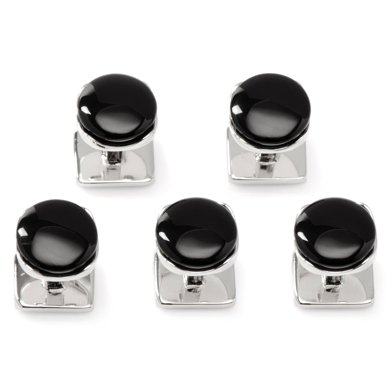 Set of five black and silver cube-shaped objects on a white background