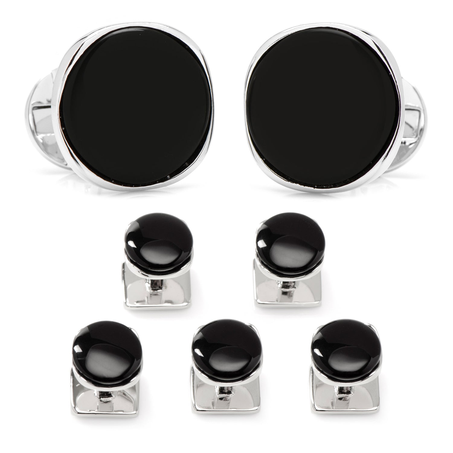 Set of black and silver cufflinks on a white background