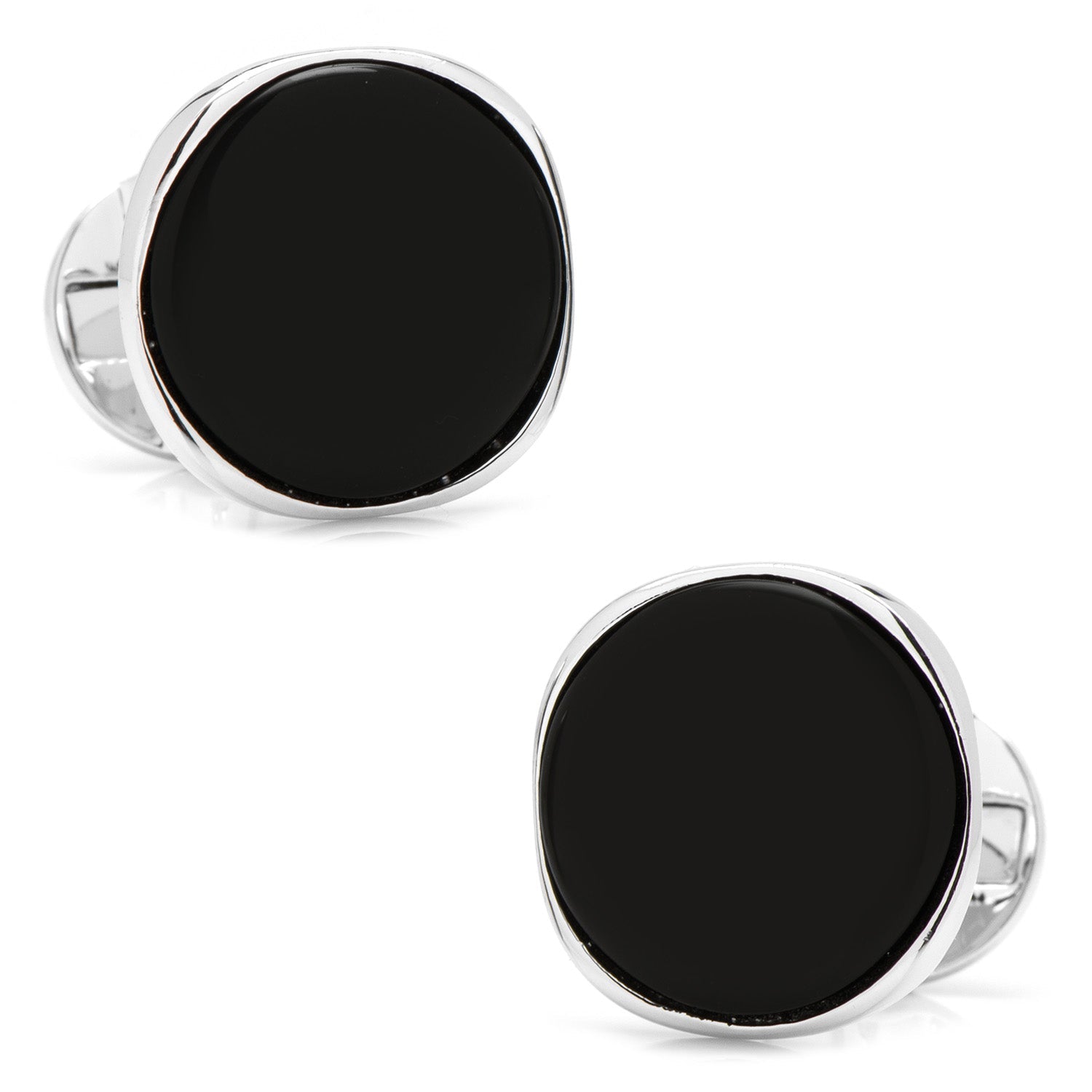 Black round cufflinks with silver borders on a white background