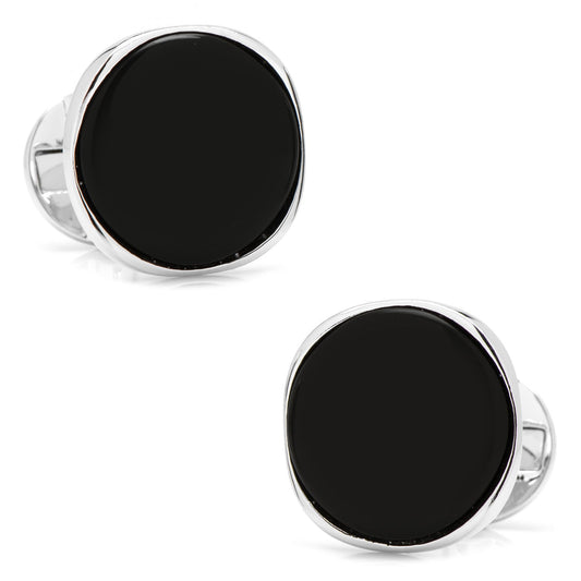 Black round cufflinks with silver borders on a white background