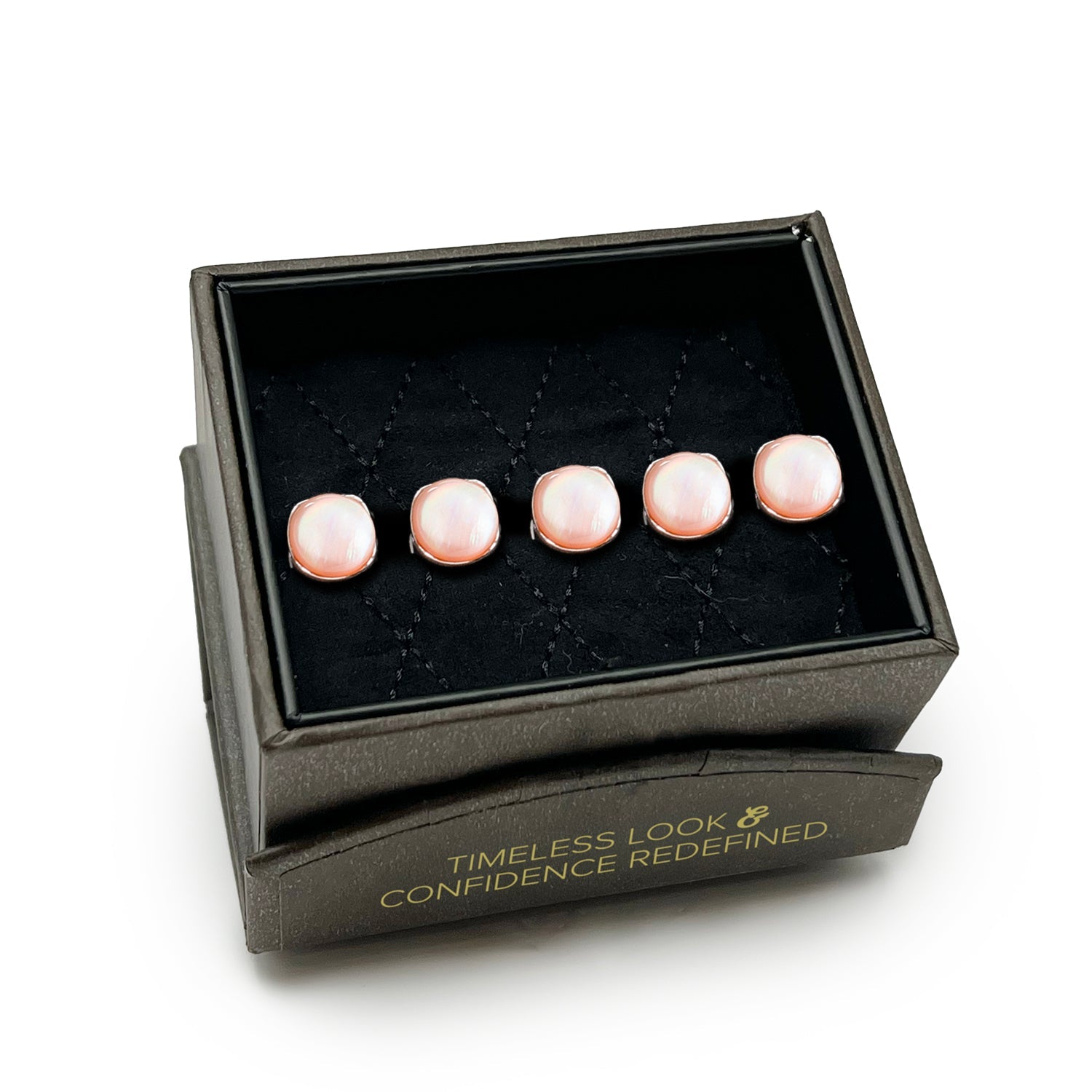 Set of pearl earrings in a black box with text on a white background