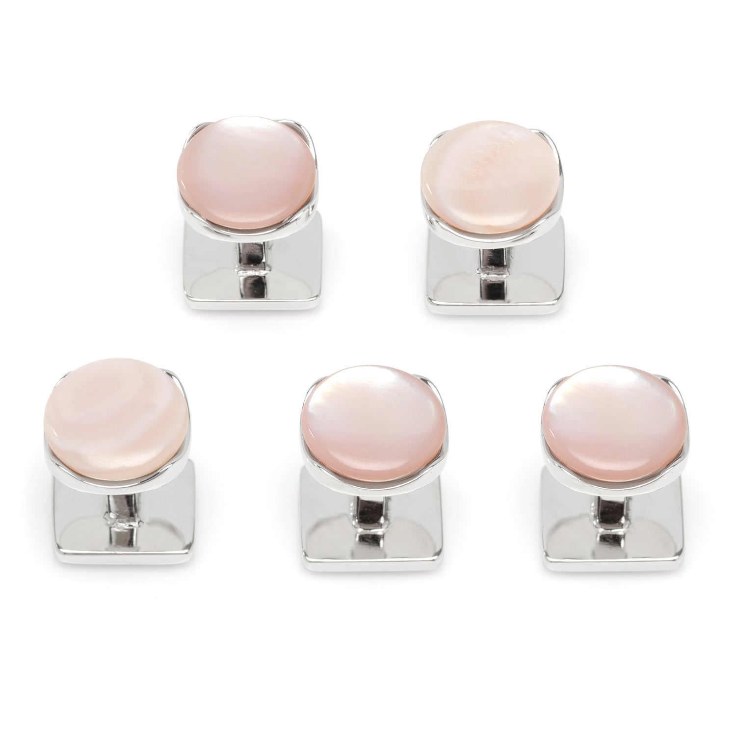 Set of five pink stud earrings with silver metal bases on a white background