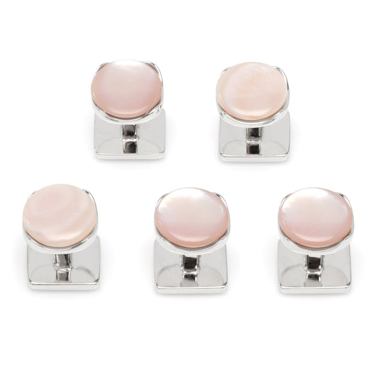 Set of five pink stud earrings with silver metal bases on a white background