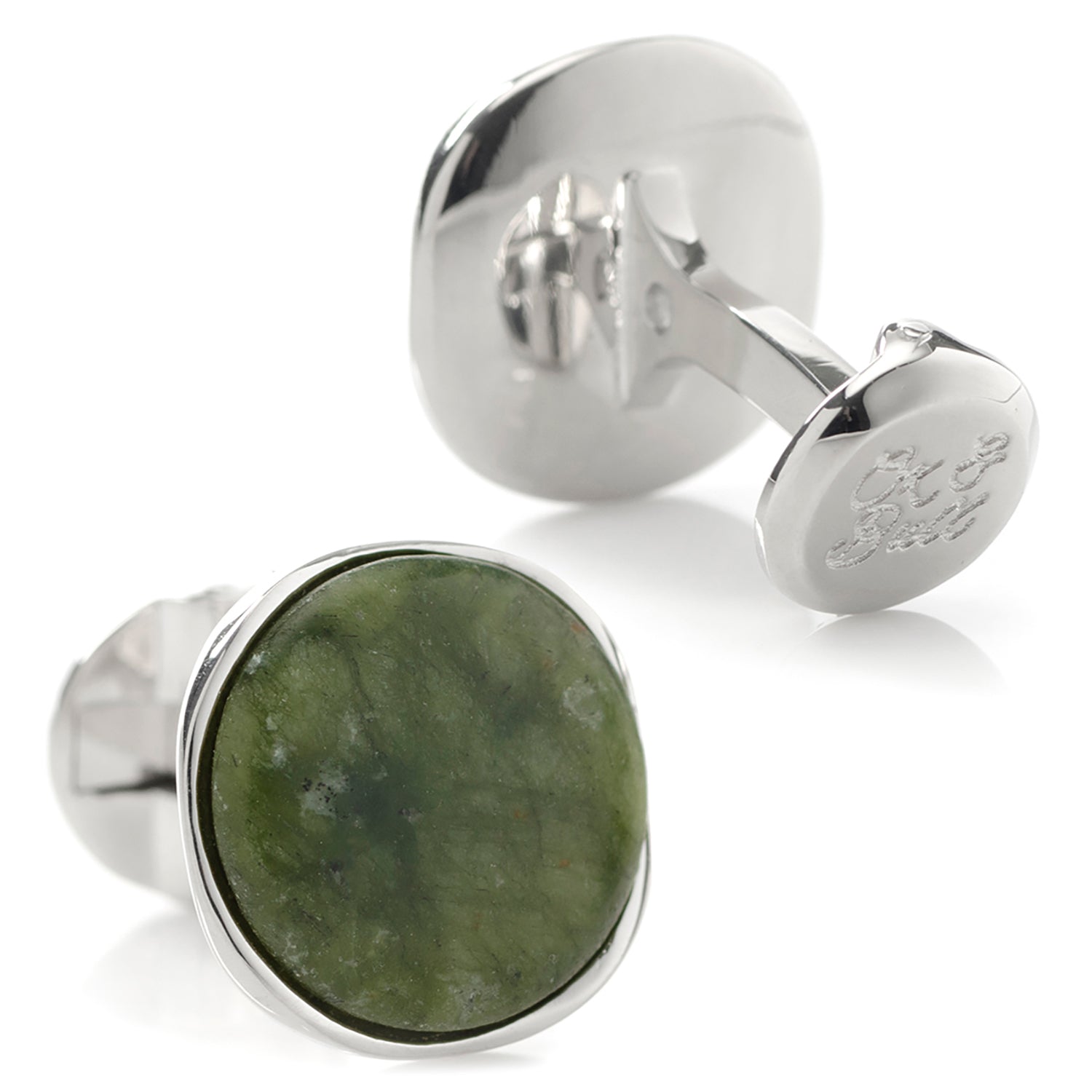 Cufflinks with green stone and silver finish on a white background