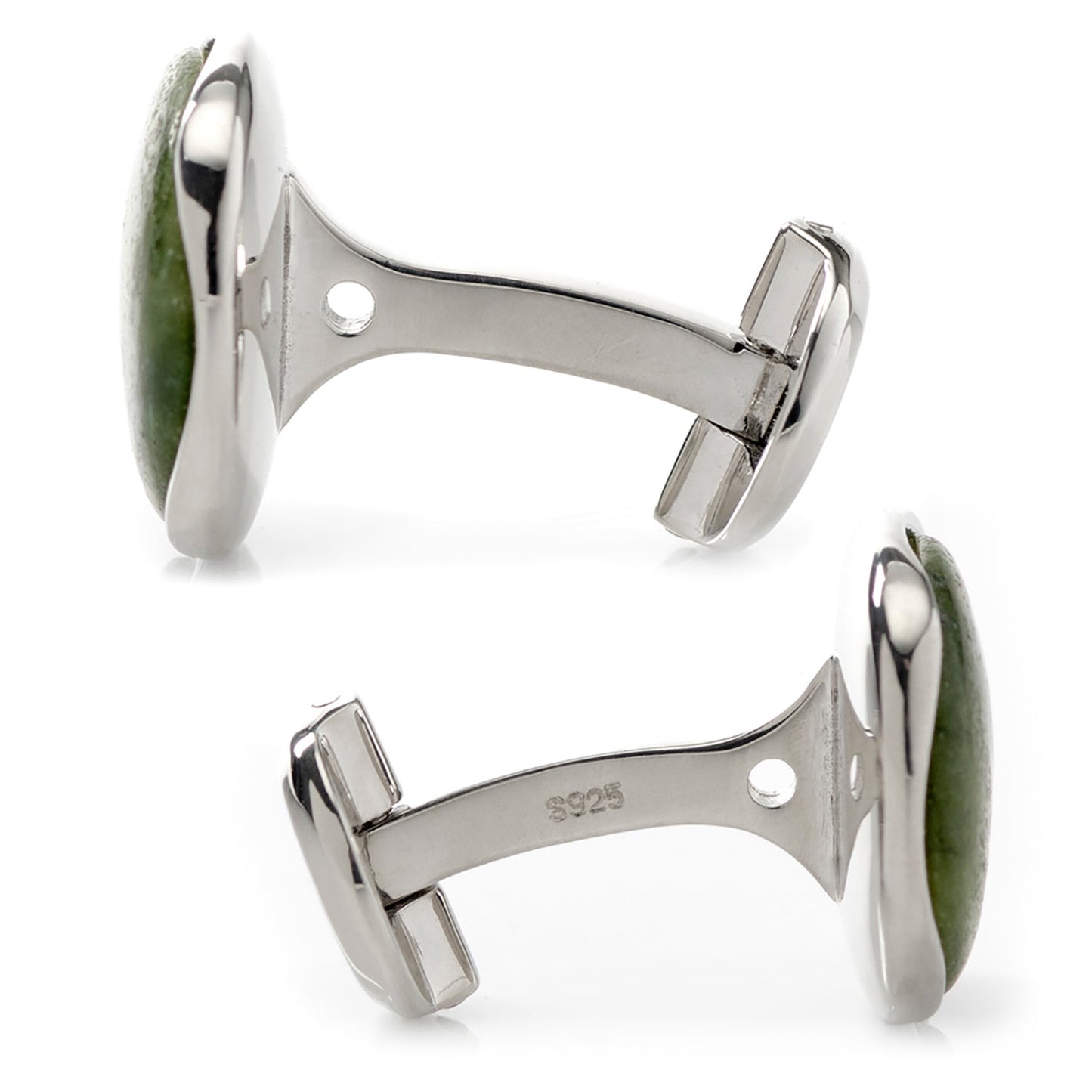 Silver cufflinks with green stone inlays on a white background