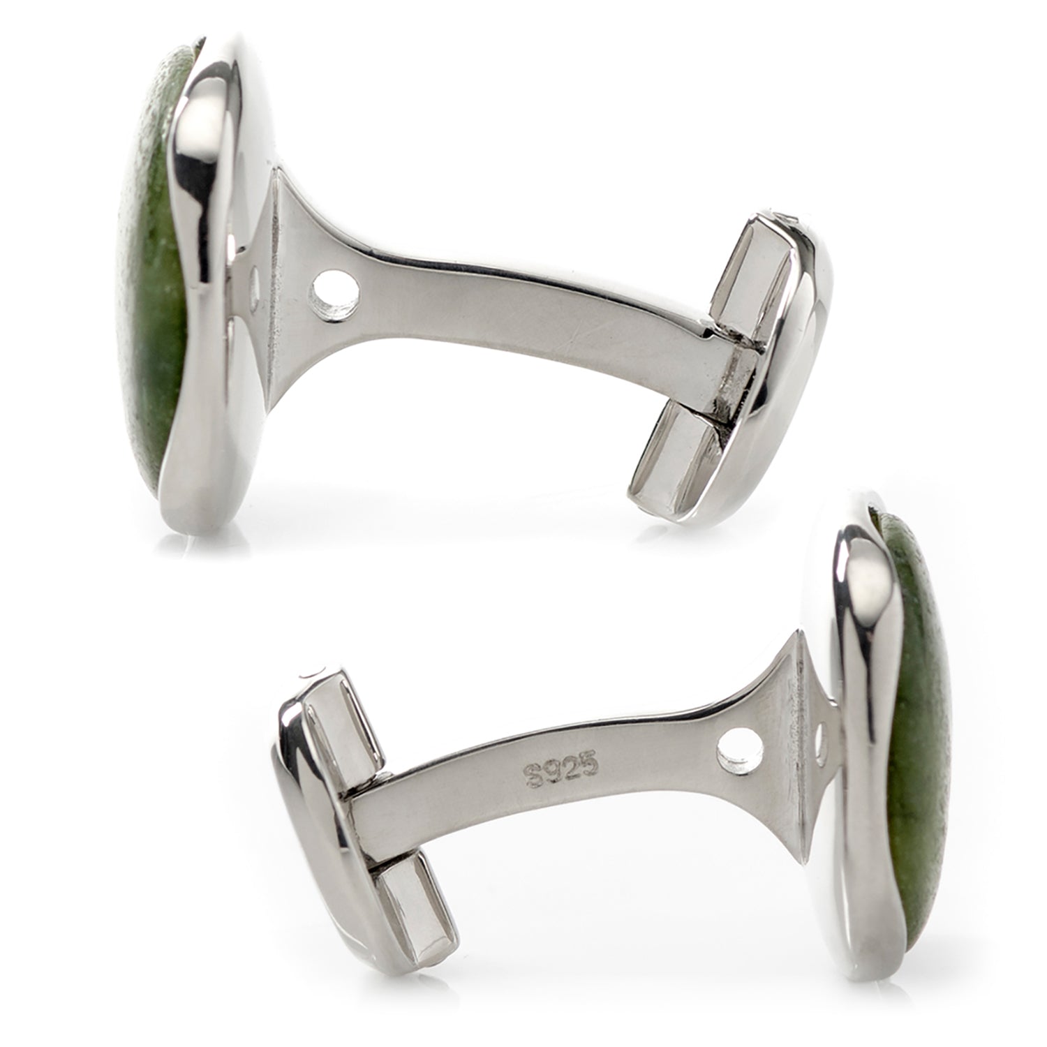 Silver cufflinks with green stone inlays on a white background