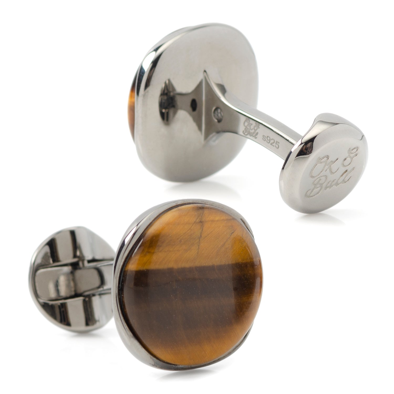 Cufflinks with silver and tiger eye stone design on a white background