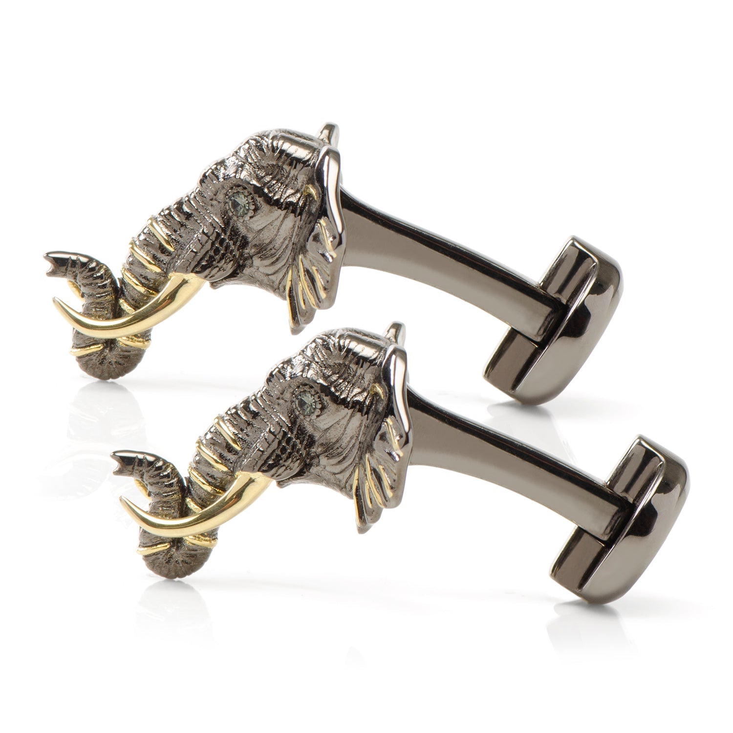 Metallic elephant cufflinks on a white background