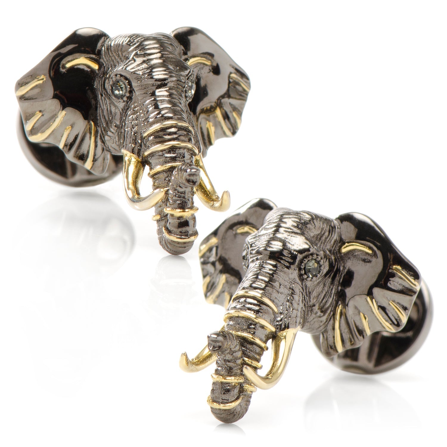 Pair of elephant-shaped cufflinks with gold accents on a white background