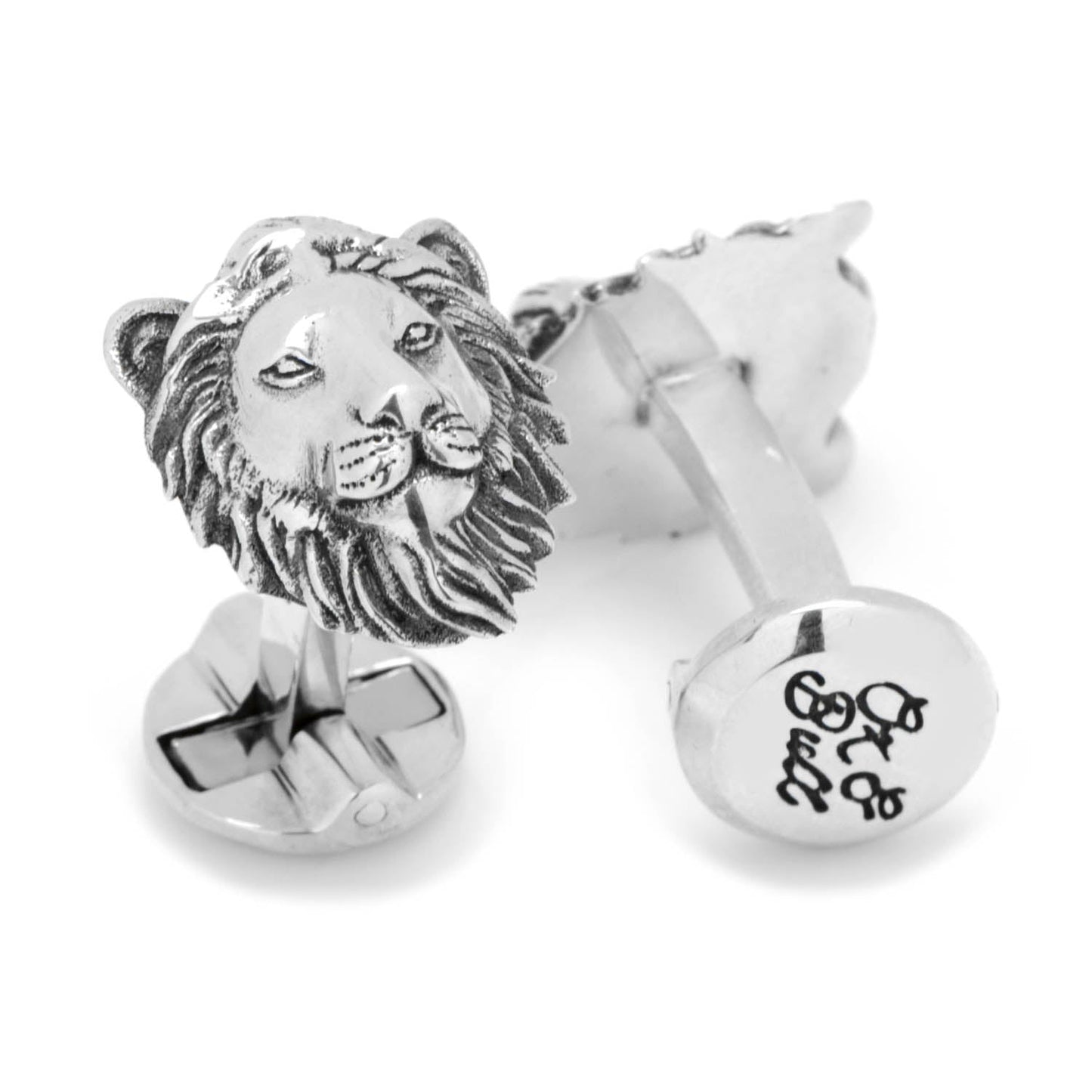 Silver lion head cufflinks on a white background