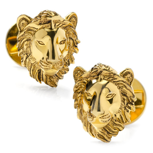 Gold lion head cufflinks on a white background