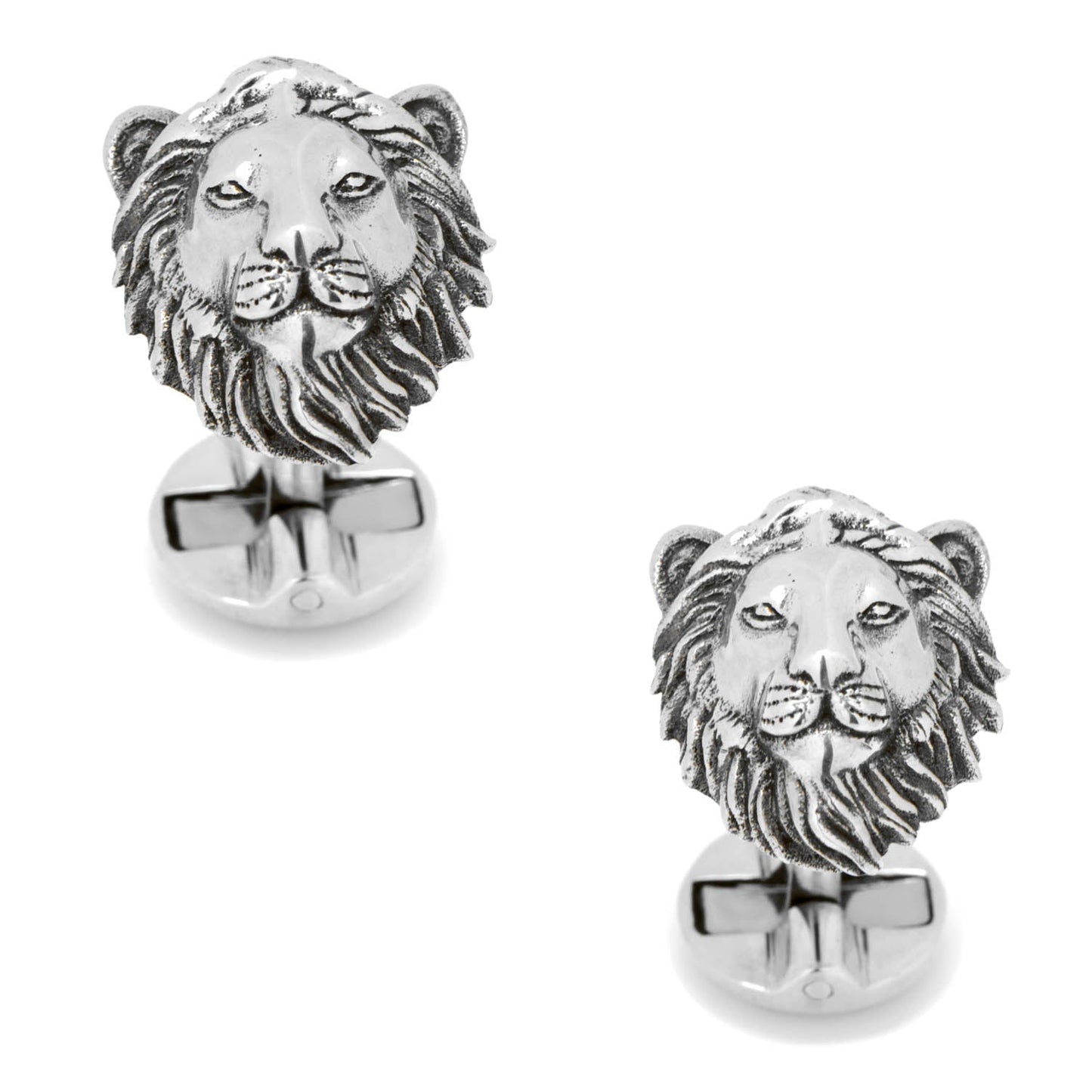 Silver lion head cufflinks on a white background