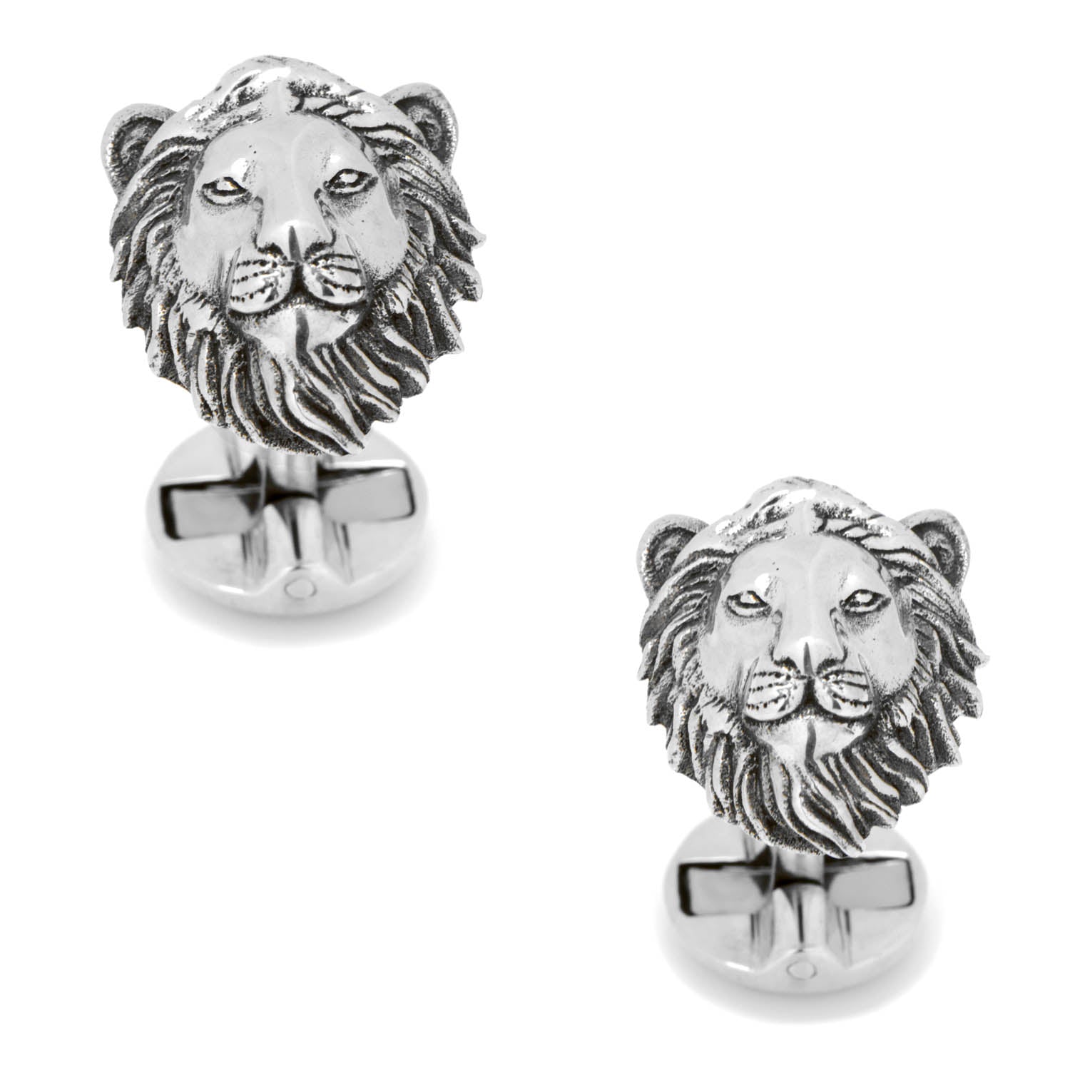 Silver lion head cufflinks on a white background