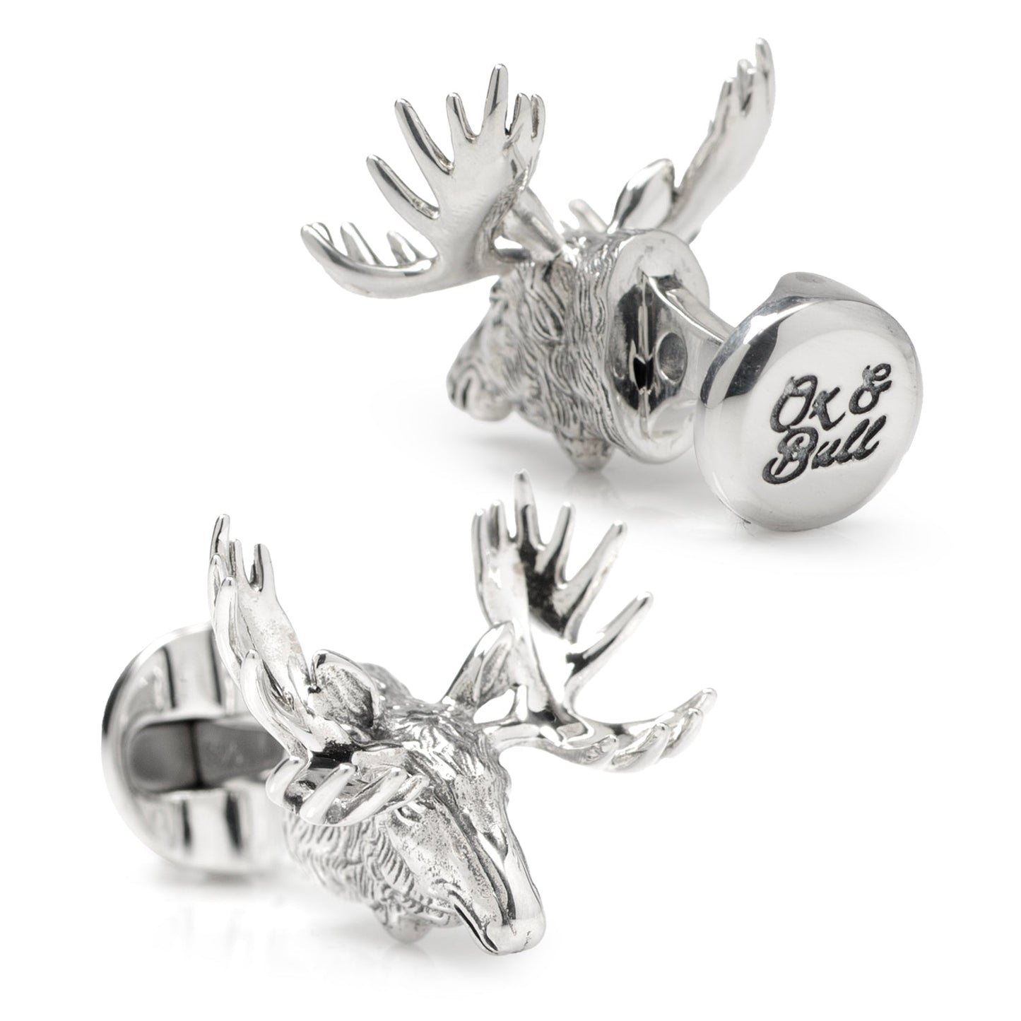 Silver moose head cufflinks with 'Ok & Bull' engraving on a white background
