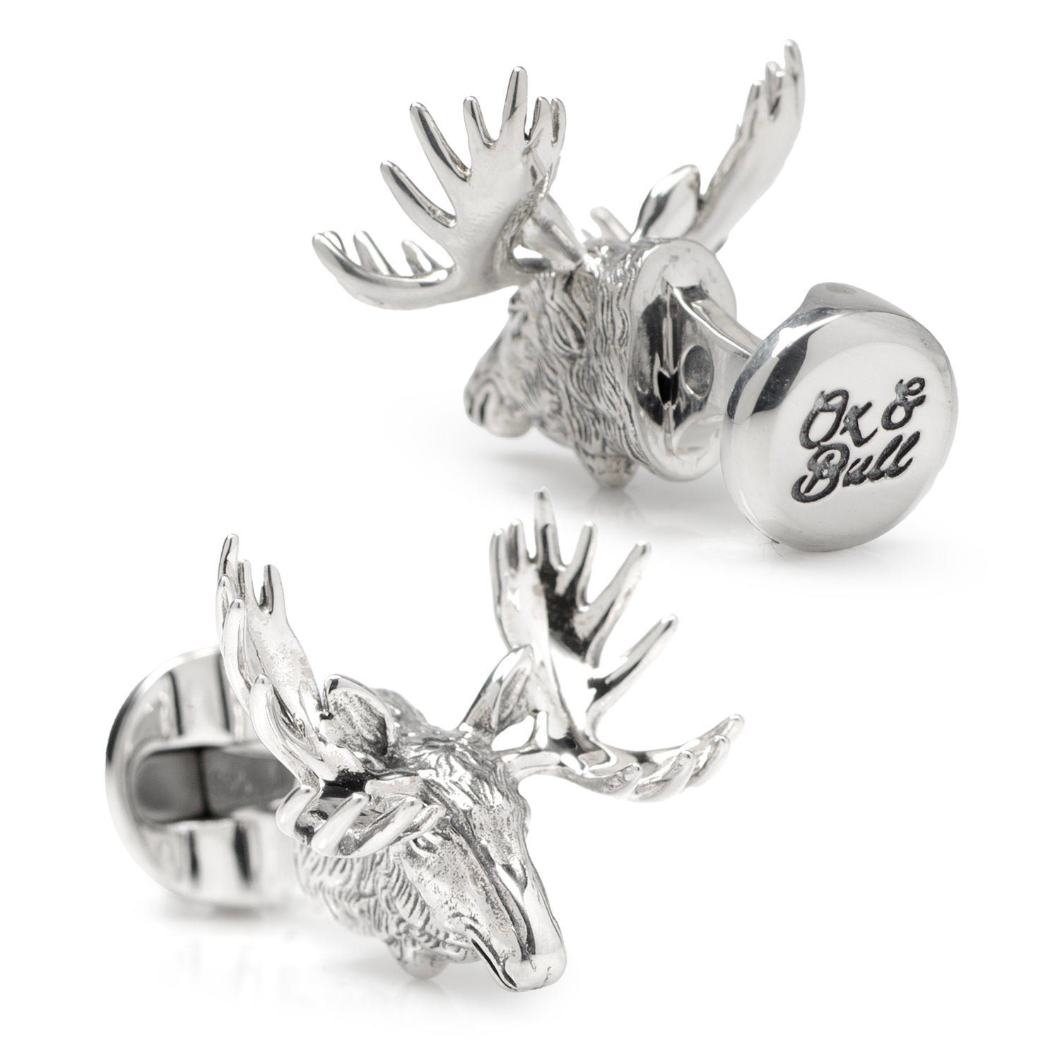 Silver moose head cufflinks with 'Ok & Bull' engraving on a white background