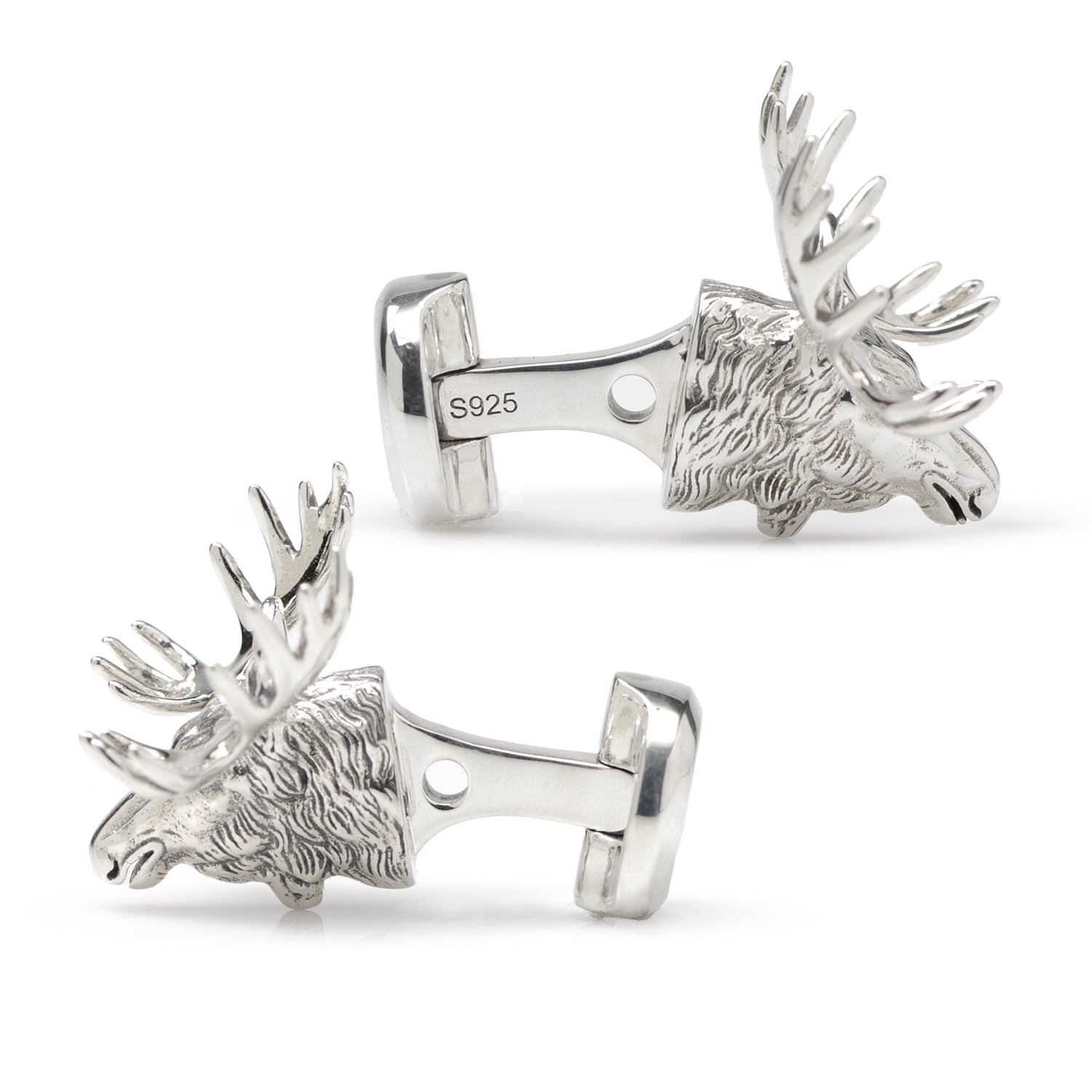Silver moose head cufflinks on a white background