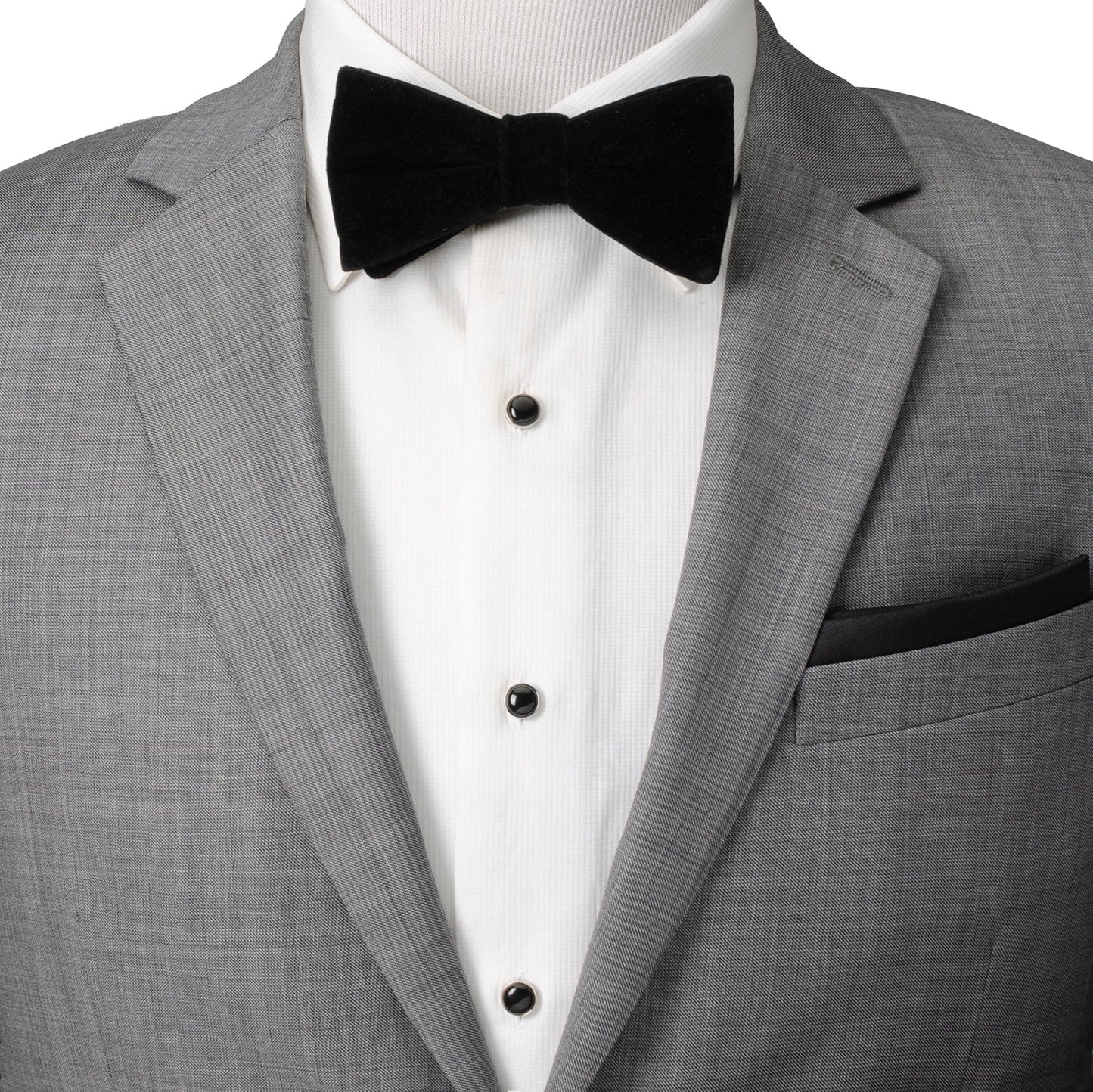 Gray tuxedo with a black bow tie on a mannequin