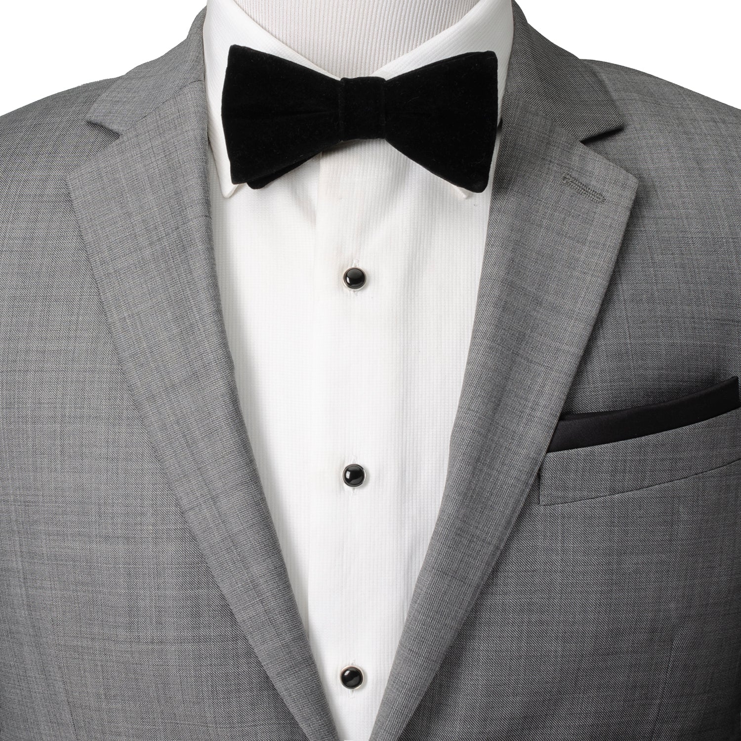 Gray tuxedo with a black bow tie on a mannequin
