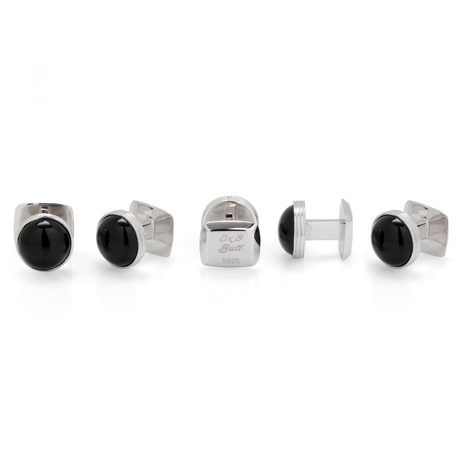 Set of silver cufflinks with black gemstones on a white background