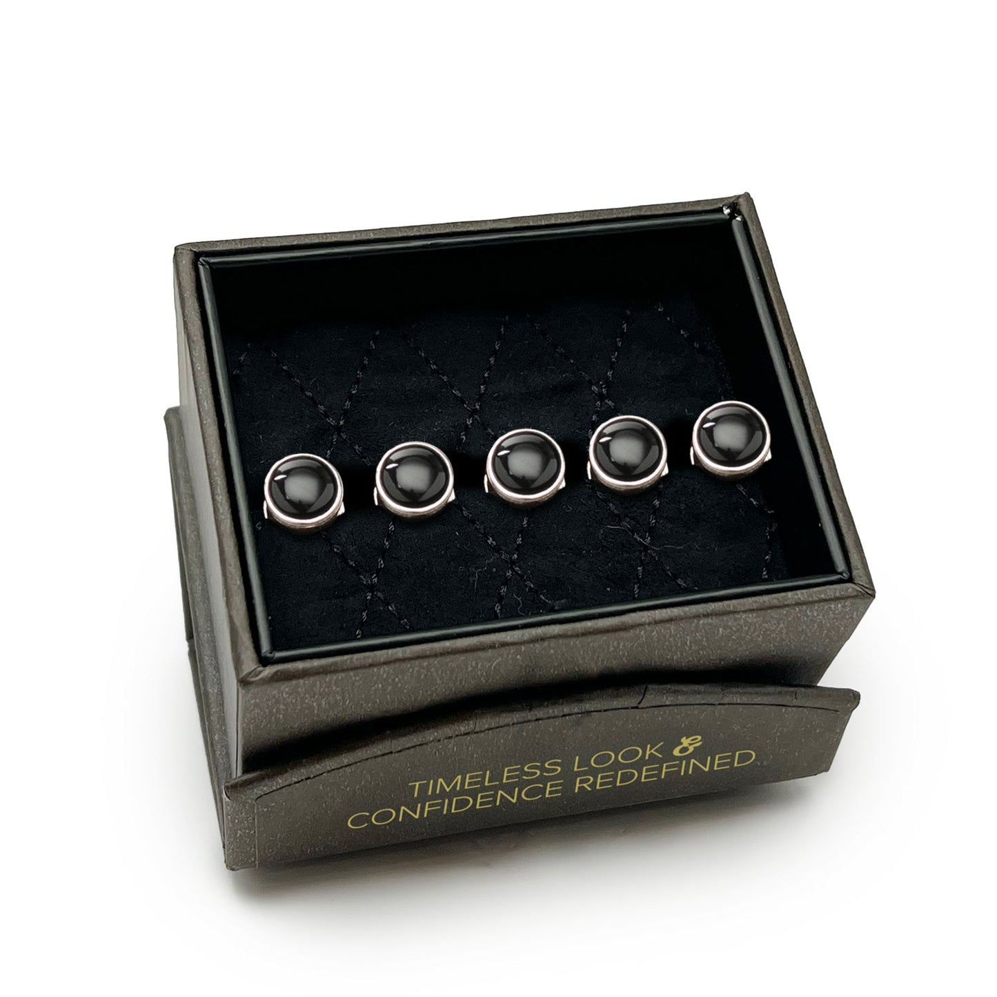 Set of five silver earrings in a black jewelry box with text on a white background