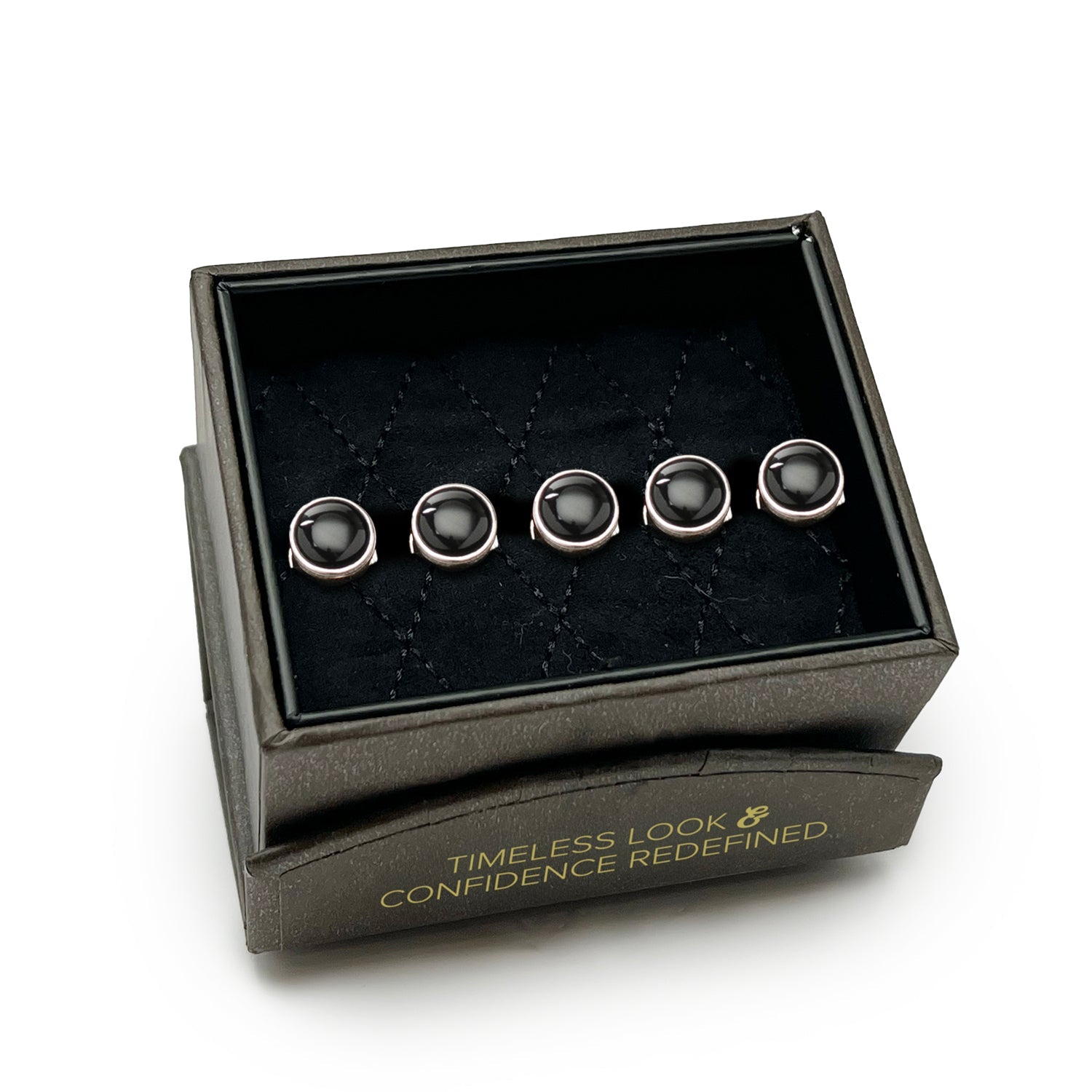 Set of five silver earrings in a black jewelry box with text on a white background