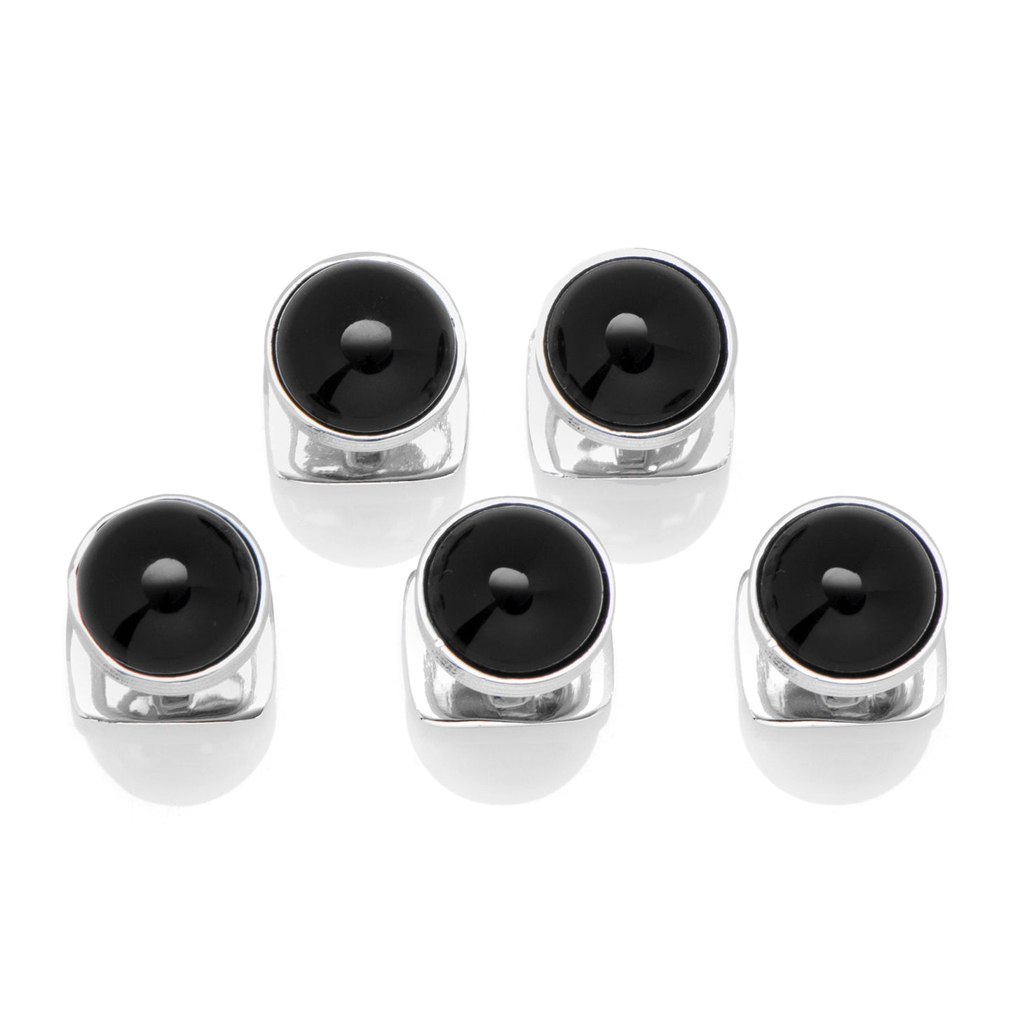 Set of six black and silver cylindrical containers on a white background