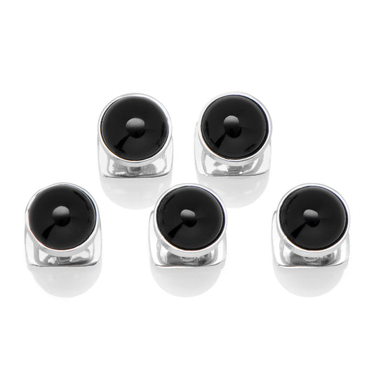 Set of six black and silver cylindrical containers on a white background