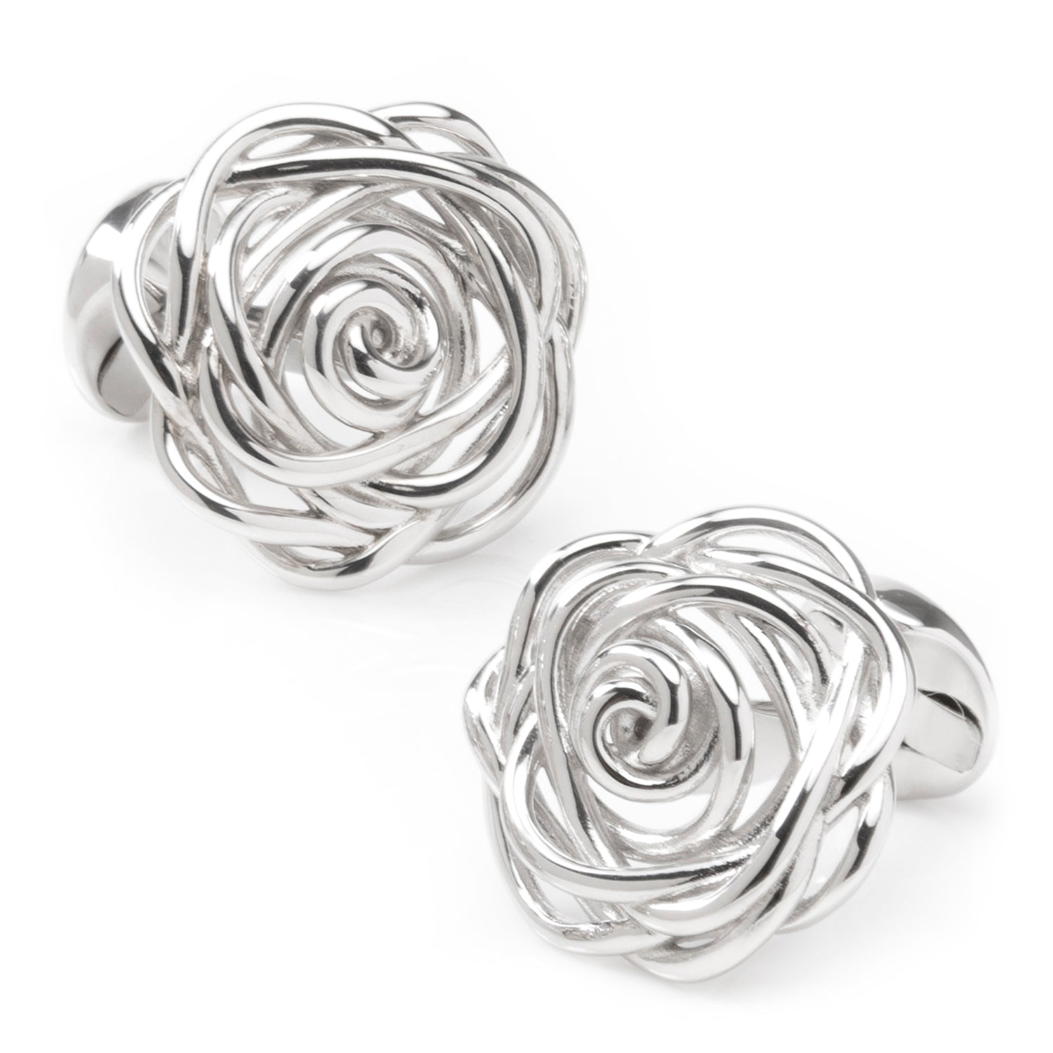 Silver rose-shaped cufflinks on a white background