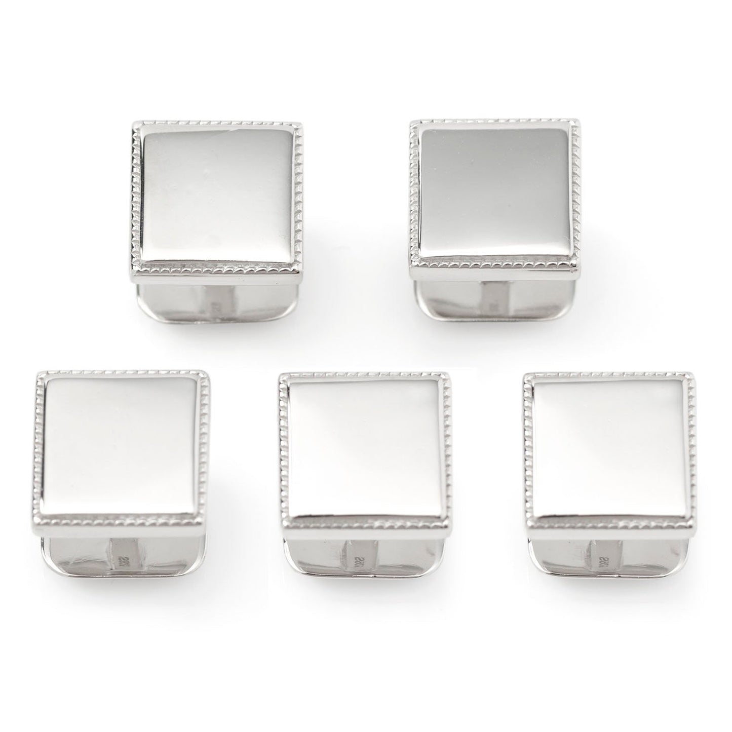 Set of five square silver napkin holders on a white background