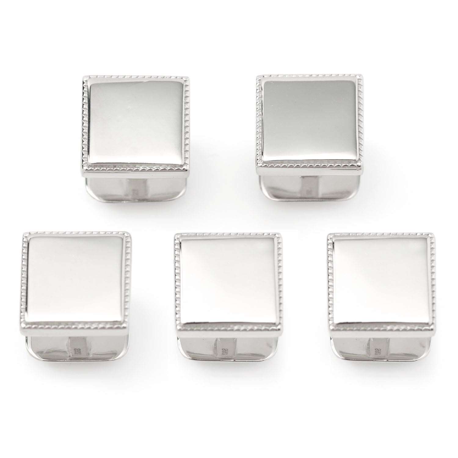 Set of five square silver napkin holders on a white background