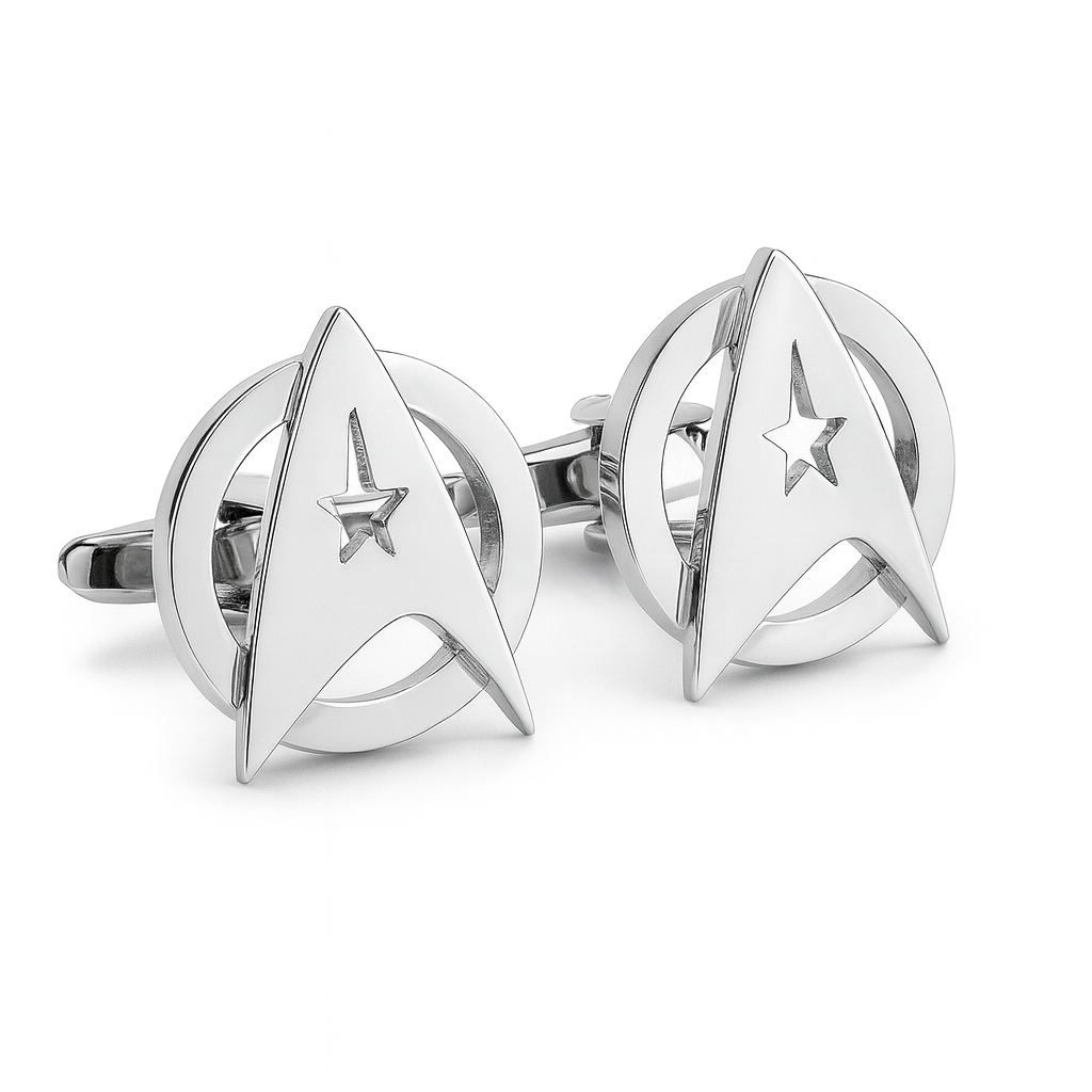 Silver Star Trek cufflinks on a white background