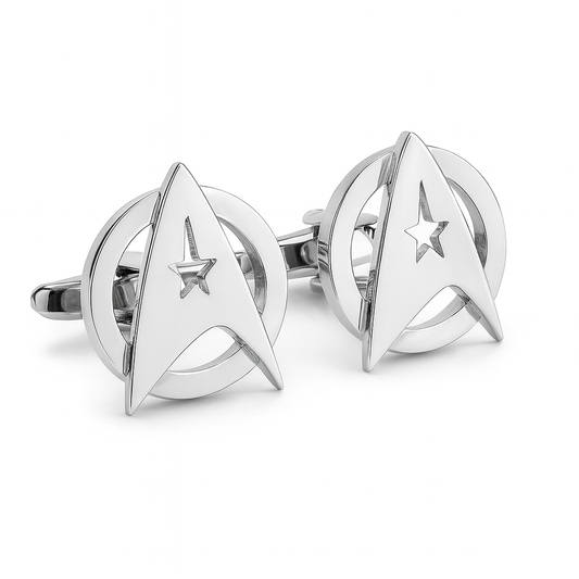 Silver Star Trek cufflinks on a white background