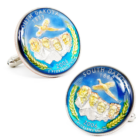 South Dakota state seal cufflinks on a white background