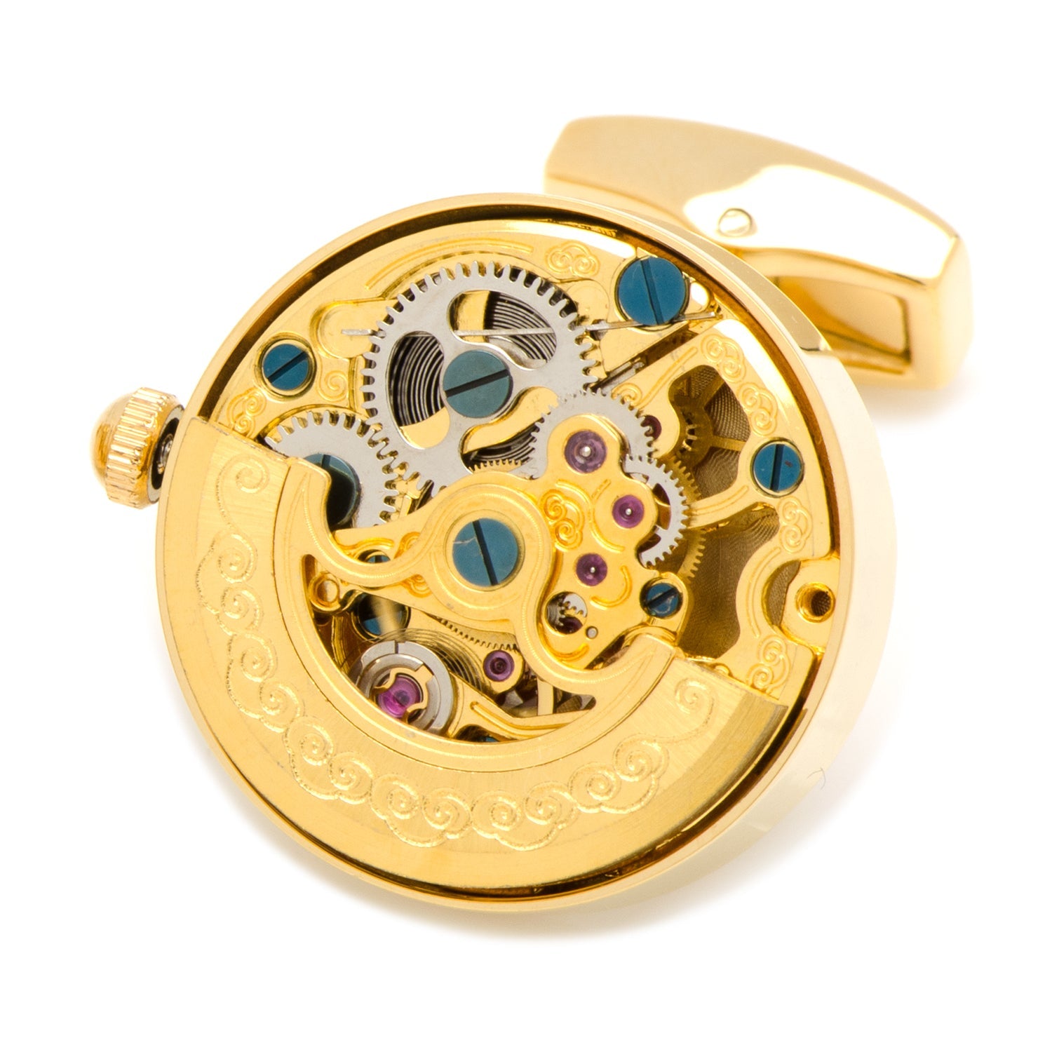 Gold watch mechanism on a white background